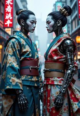 Two female humanoid robots in traditional japanese kimonos in urban street setting
