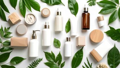Skincare products surrounded by greenery. Flat lay design