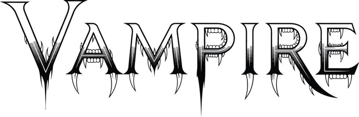 Word vampire in a spooky font with fangs on a white background design