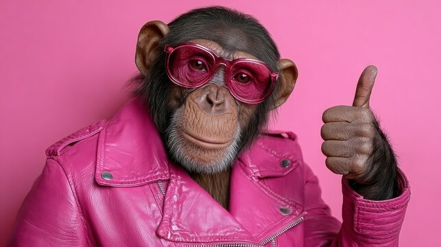 Monkey wearing pink sunglasses and a leather jacket is giving a thumbs up. The image has a playful and lighthearted mood, as the monkey is dressed in a human-like outfit