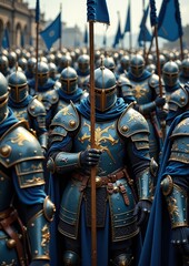 Blue armored medieval knights with flags preparing for ceremonial parade in historic square
