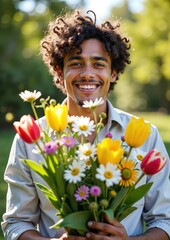 Smiling african male holding colorful flower bouquet in sunlit park scene
