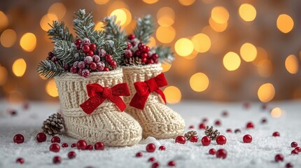 Christmas knitted boots with red bows filled with pine branches and berries on snow, festive winter holiday decoration with cozy handmade charm and glowing lights