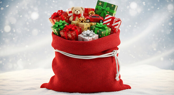 Santa sack full of Christmas gifts, red velvet bag with toys and presents
