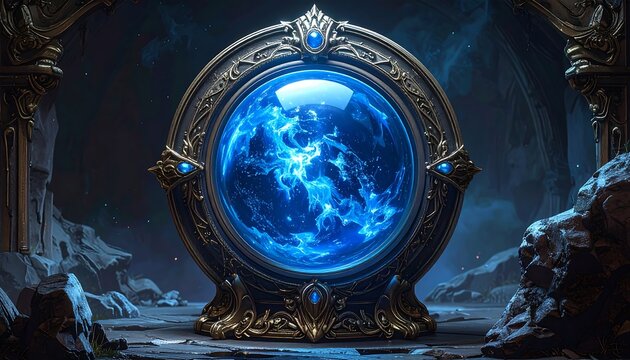 A glowing blue orb, encased in ornate gold framing, sits within an ancient stone chamber - Powered by Adobe
