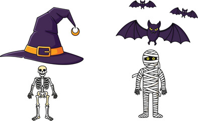 Cartoon halloween elements including a witch hat bats skeleton and a mummy