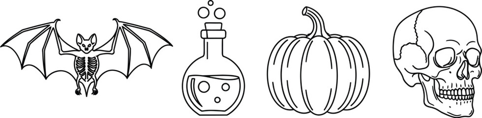 Halloween icons in outline style with bat potion pumpkin and skull design