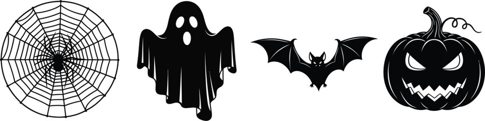 Halloween icons featuring a spiderweb ghost bat and carved pumpkin design
