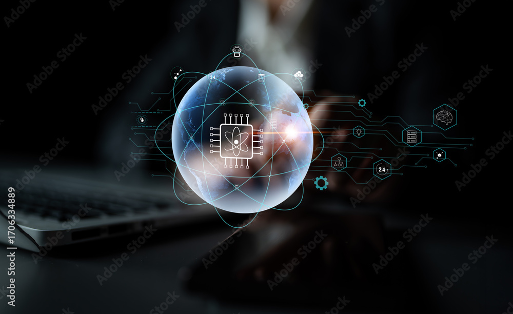 Aufkleber a global quantum computing network for the future of communication and data processing. a worldwide 