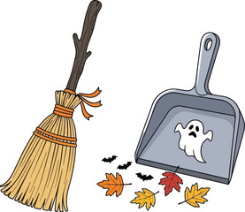 Broom and dustpan with ghost and autumn leaves for halloween clean up concept