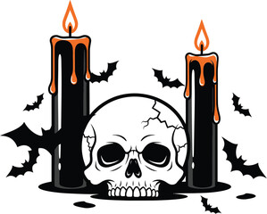 Spooky halloween scene with skull candles and bats against a white backdrop