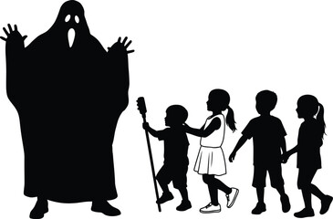 Silhouette of children trick or treating with a ghost on halloween night walk