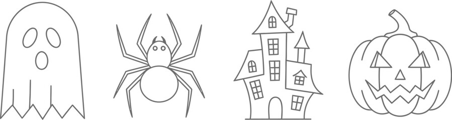 Halloween outline icons of ghost spider haunted house and jack o lantern pumpkin