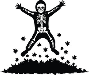 Child in skeleton costume jumps in pile of leaves for halloween fun and spooky time