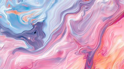 Colorful fluid abstract artwork with swirling pastel tones of pink, blue, lavender, and gold accents, creating a dreamy texture.