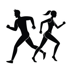 Male and Female Running Silhouette, Athletic Couple Silhouette, Fitness Jogging Silhouette, Running Partners Silhouette, Sprinting Duo Silhouette