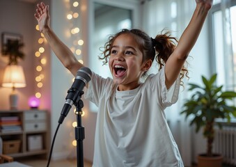 Excited hispanic girl singing into microphone at home with joyful expression