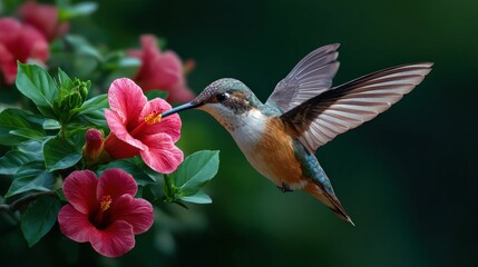 Naklejka premium Hummingbird Feeding on a Vibrant Pink Hibiscus Flower