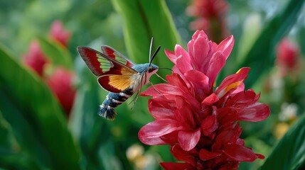 Hummingbird Moth Feeds on Vibrant Red Ginger Flower in Lush Garden