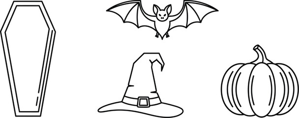 Halloween outline icons of a coffin bat witch hat and pumpkin on white background