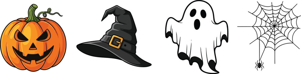 Halloween icons featuring a pumpkin witch hat ghost and spider web design