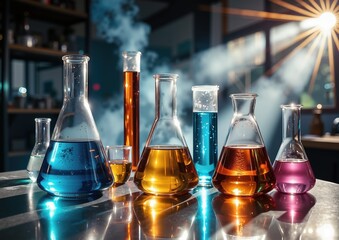 Colorful chemical solutions in laboratory beakers and flasks with sunlight and smoke