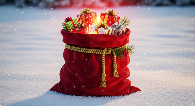 Christmas day santas sack filled with colorful christmas presents sitting in the snow, radiating the joy and excitement of the holiday season