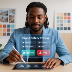 An individual using a digital tablet to review brand safety, with options to approve or flag content. The focus is on digital review and decision-making processes.