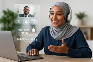woman engaging in a virtual meeting with a smiling male participant on laptop, she wears a hijab and headset and speaks enthusiastically