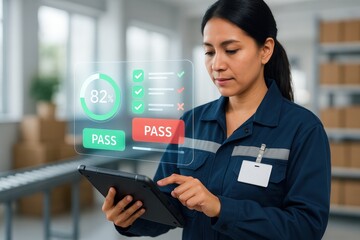 Female worker examining digital data on a tablet in a warehouse setting, symbolizing modern workplace