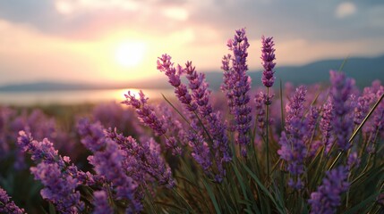 Naklejka premium Lavender Field at Sunset with Soft Golden Light and Hazy Horizon