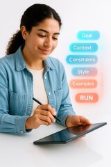 A young woman focused on a digital tablet with several key prompts displayed