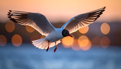 Seagull in flight at sunset