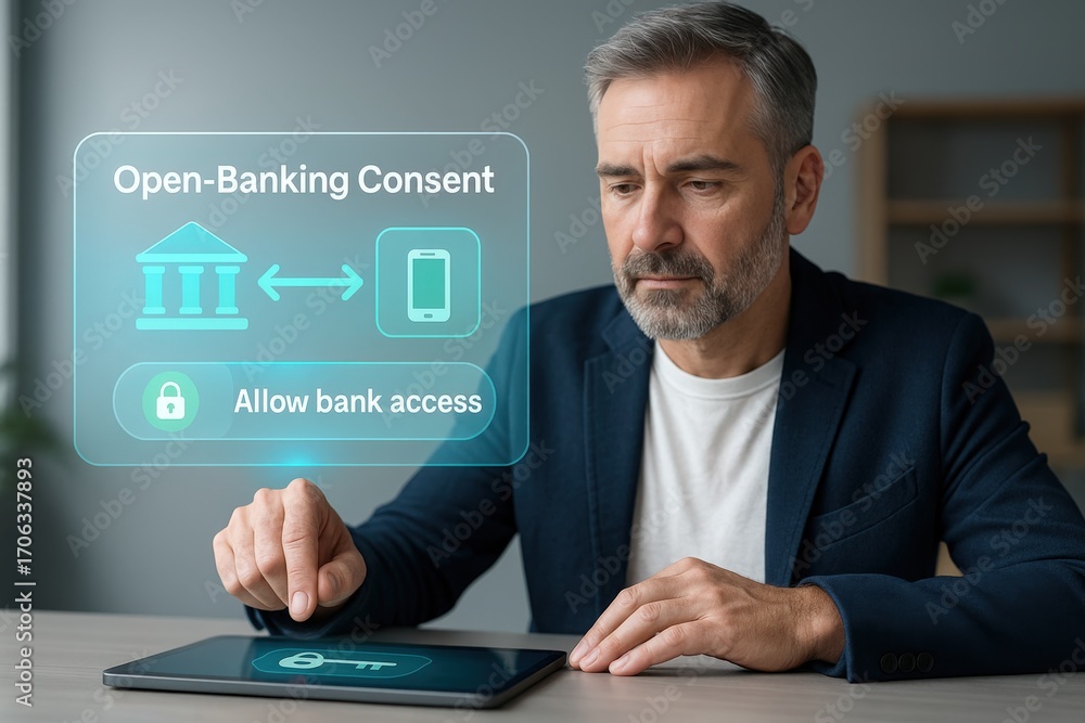 Poster a man interacting with open banking consent screen