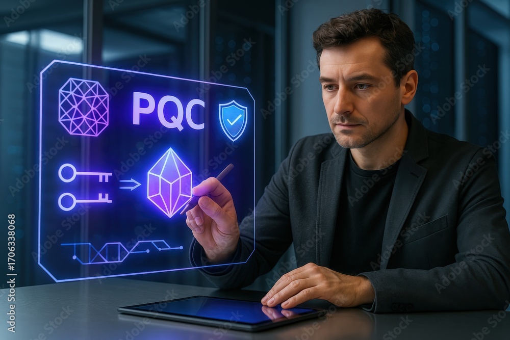 Poster a man working on a futuristic interface in an office setting, with the letters pqc displayed promine