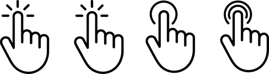Hand click and tap gesture icon set in clean outline vector style, perfect for user interface, mobile apps, and touchscreen UI-UX design