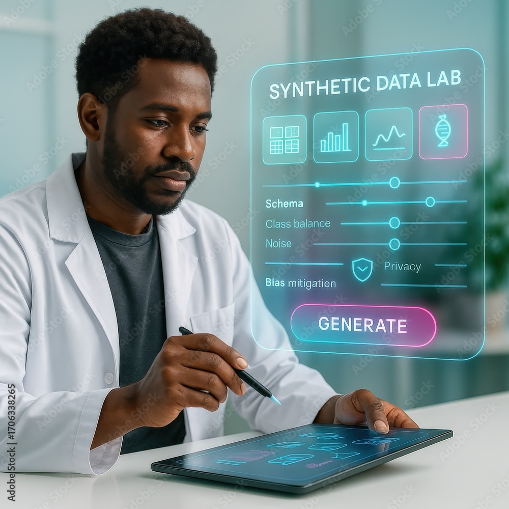 Poster a focused individual in a lab coat interacting with a digital interface