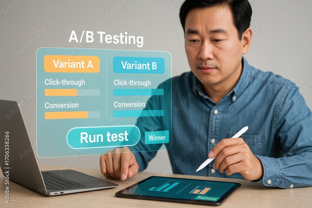 Poster a focused individual working on a/b testing on a digital device, with a laptop and tablet on the des