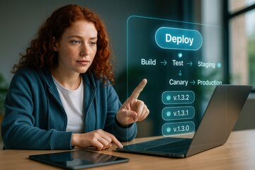 Focused young woman reviewing software deployment stages using a holographic interface, and looking pensive. Her finger points at the deploy step, alongside an array of software versions.