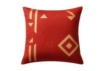 Red square pillow with golden geometric pattern isolated on transparent background, ideal for interior design projects