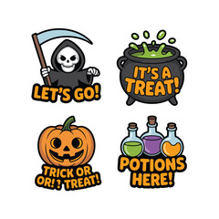 Halloween Sticker Set – Grim Reaper, Cauldron, Pumpkin Trick or Treat, and Magic Potions