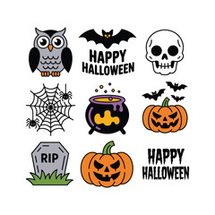 Halloween Icon Set – Owl, Bat, Skull, Spider Web, Cauldron, Pumpkins and Tombstone