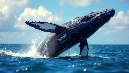 Fototapeta premium A whale jumps out of the ocean against a backdrop of blue sky and clouds.