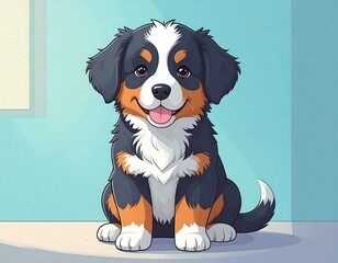 Cartoon Bernese Mountain Dog puppy, sitting, happy expression, light teal background