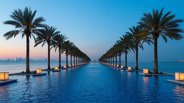 Symmetrical infinity pool lined with palm trees at sunset with city skyline in distance