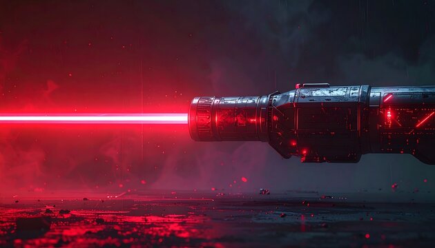 Futuristic weapon emitting red laser in dark environment