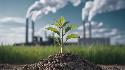 Young green sprout emerges from soil against backdrop of industrial pollution