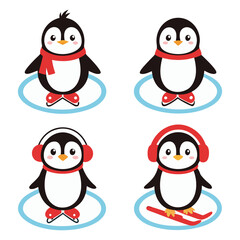 Fototapeta premium Four adorable cartoon penguins dressed for winter fun