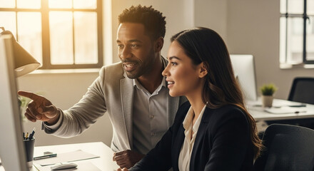 Supportive male mentor training a new female employee at her desk, pointing at the monitor to explain a task in a collaborative modern office environment