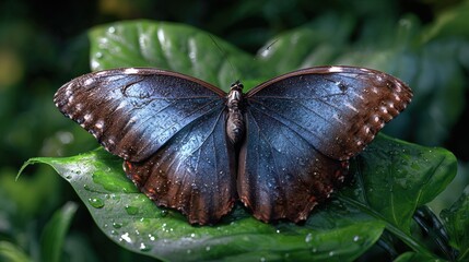 Majestic Blue Morpho Butterfly Resting on Wet Green Leaves